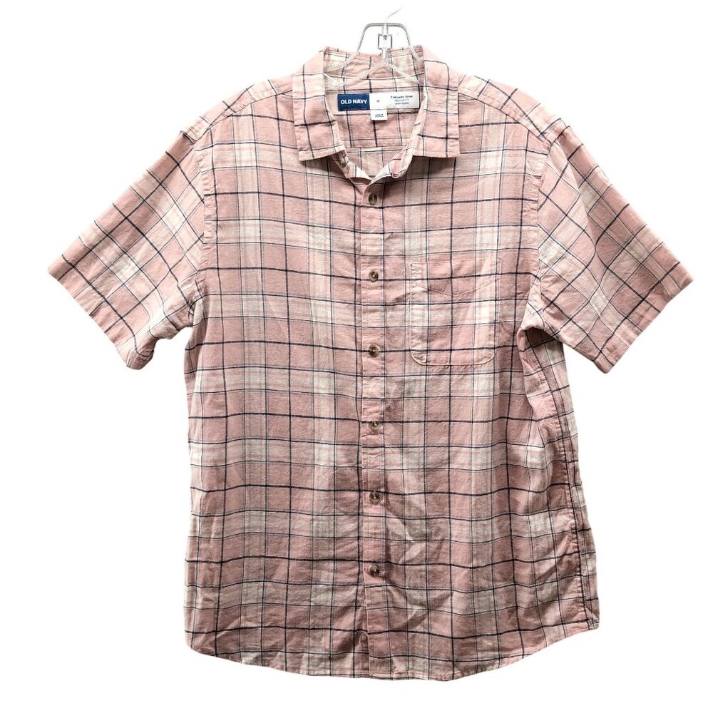 Old Navy Linen‎ Blend Shirt Mens M Pink Plaid Short Sleeve Button Up White